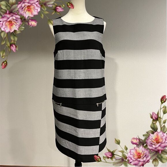 Banana Republic Black Gray Rugby Striped Asymmetric Shift Dress Size 12 - Picture 1 of 13